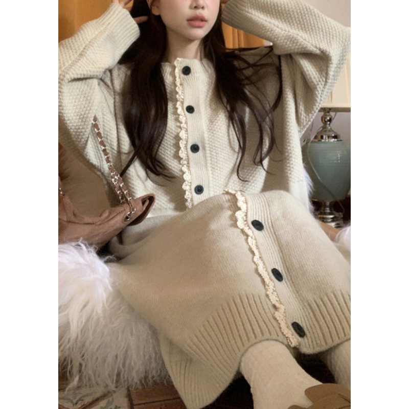 Loose Apricot O Neck Lace Button Patchwork Knit Dress Spring