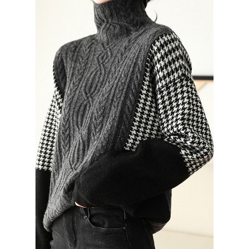 Loose Grey Hign Neck Patchwork Knit Sweater Spring