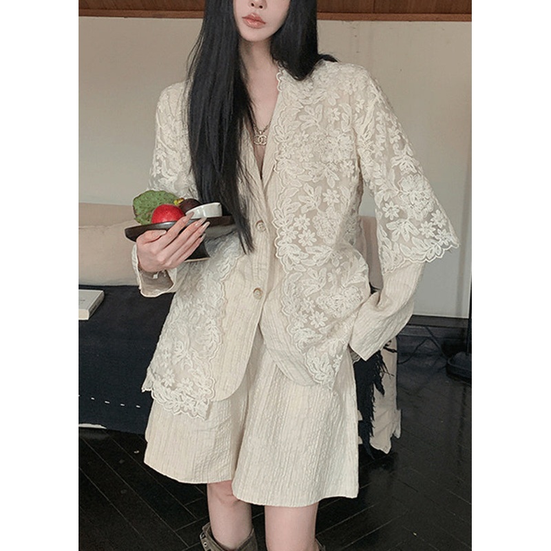 New Beige Peter Pan Collar Coat Cardigans And Shorts Linen Suit Set Spring