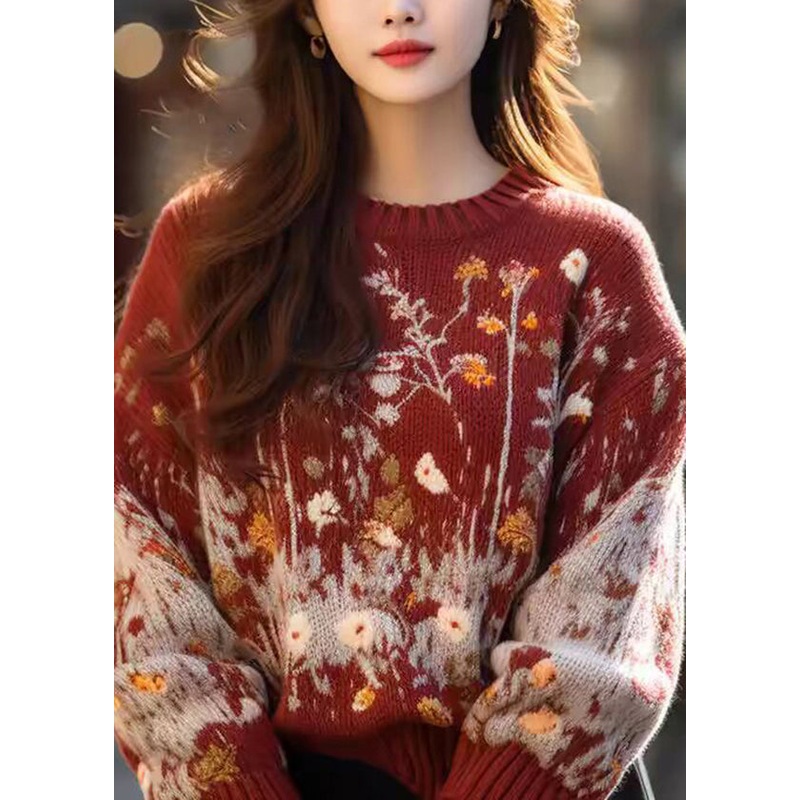 New Red O Neck Print Cozy Woolen Knit Sweaters Spring