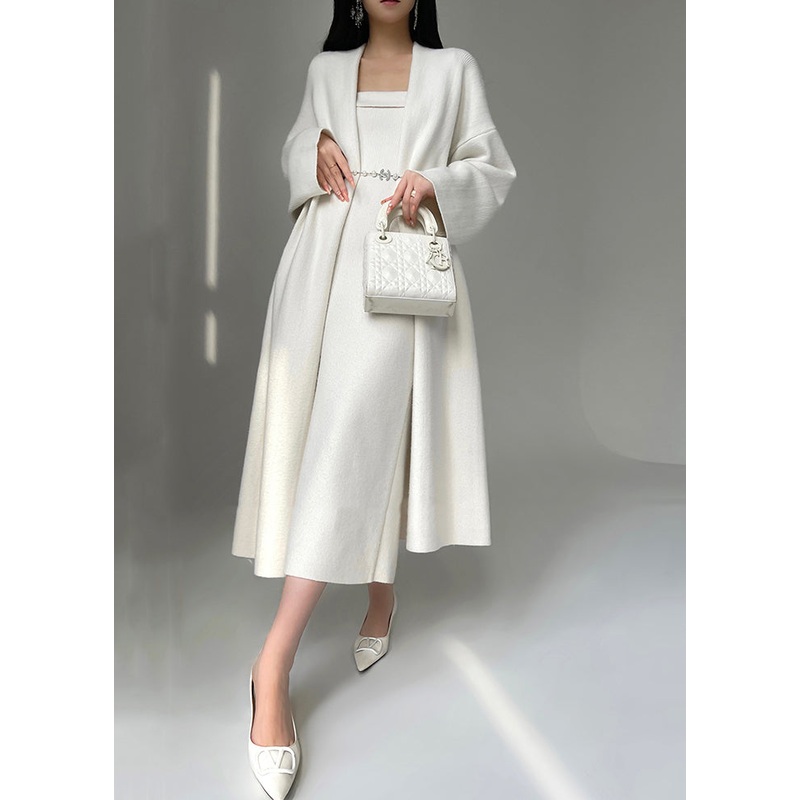 New White Cozy Cardigan And Dress Knit Two Pieces Set Spring