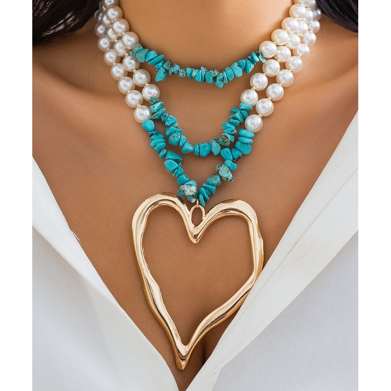 Novelty Blue Alloy Turquoise Pearl Multi Lay Peach Heart Pendant Necklace