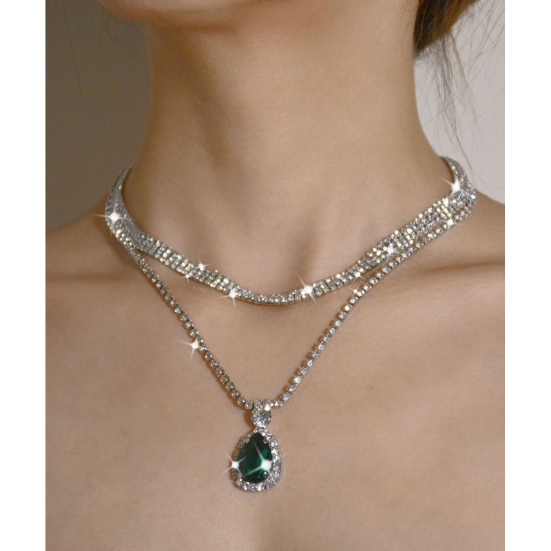 Novelty Green Stainless Steel Zircon Gem Stone Pendant Necklace