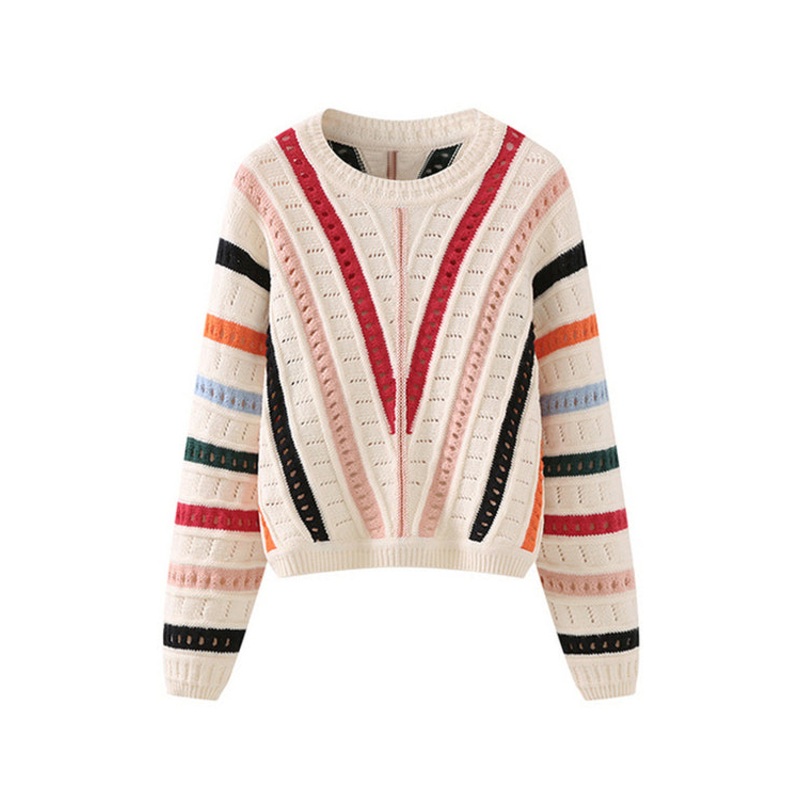 Original Design O-Neck Striped Hollow Out Knit Sweaters Spring