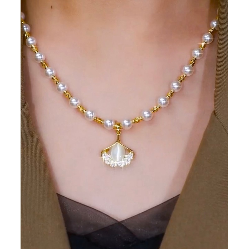 Original White Copper Alloy Cat Eye Stone Pearl Zircon Pendant Necklace