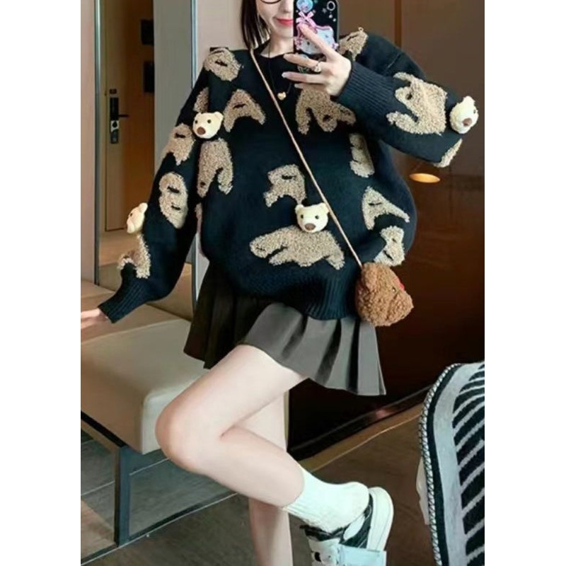 Plus Size Black O Neck Jacquard Knit Sweater Tops Spring