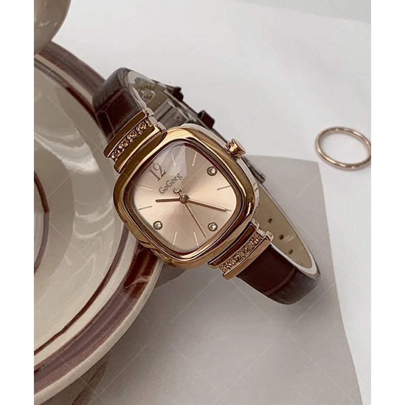 Retro Brown Leather Zircon Tempered Glass Watch