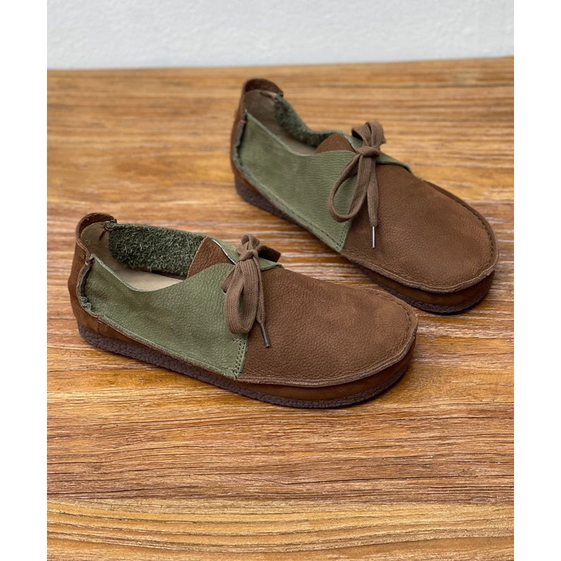 Retro Lace Up Splicing Flats Coffee Cowhide Leather