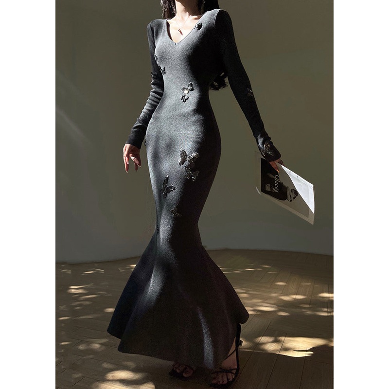 Slim Fit Grey V Neck Butterfly Knit Long Dresses Spring