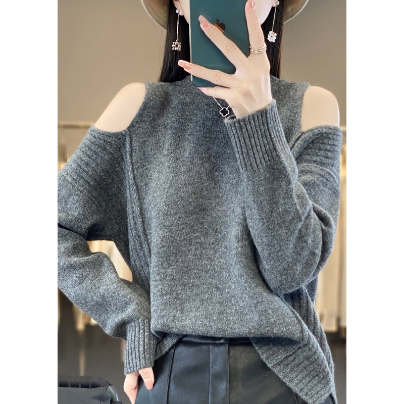 Style Grey O-Neck Cold Shoulder Woolen Knit Sweaters Spring