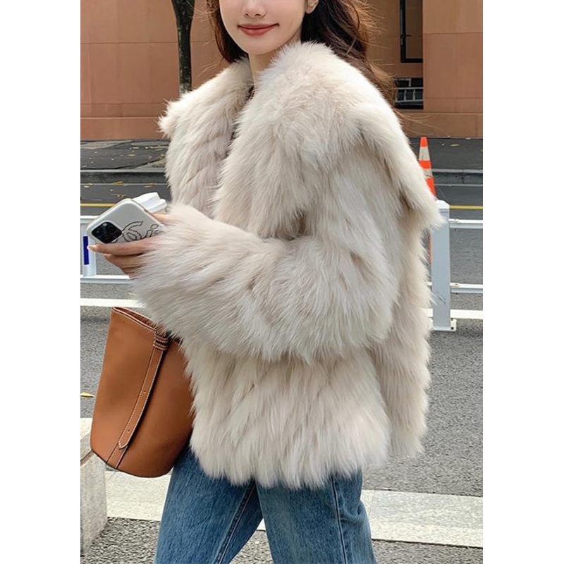 Stylish Apricot Peter Pan Collar Leather And Fur Coats Spring