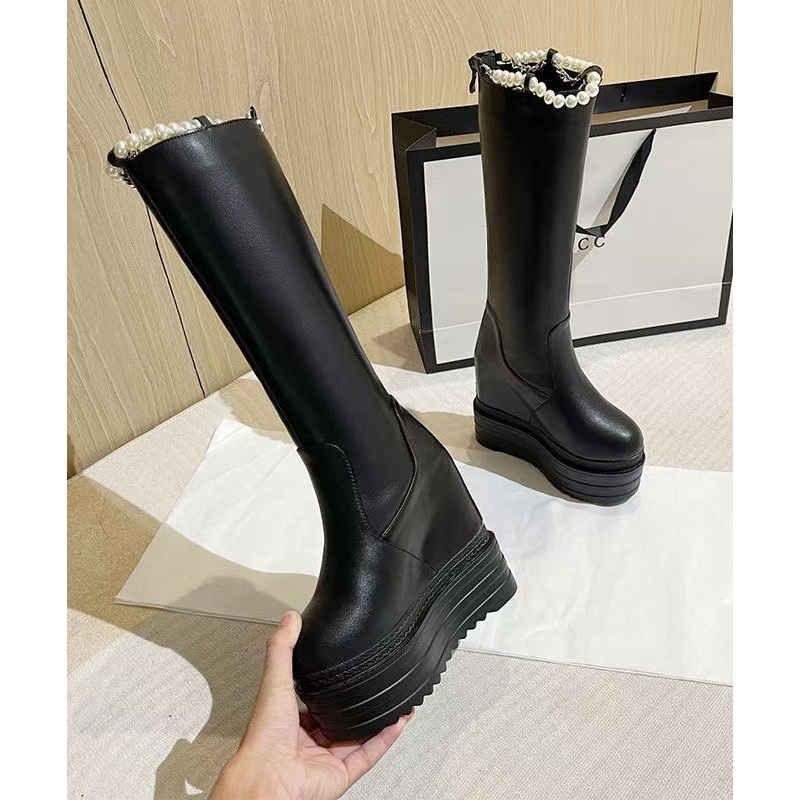Stylish Black Bead Splicing Platform Boots