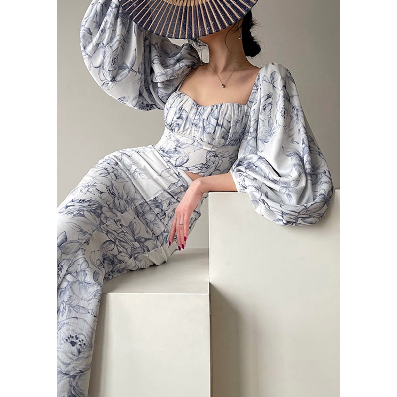 Stylish Blue Square Collar Print Tops And Skirts Chiffon Two Pieces Set Spring