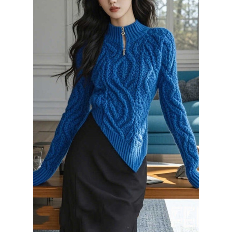 Stylish Blue Zip Up Asymmetrical Design Knit Sweaters Spring