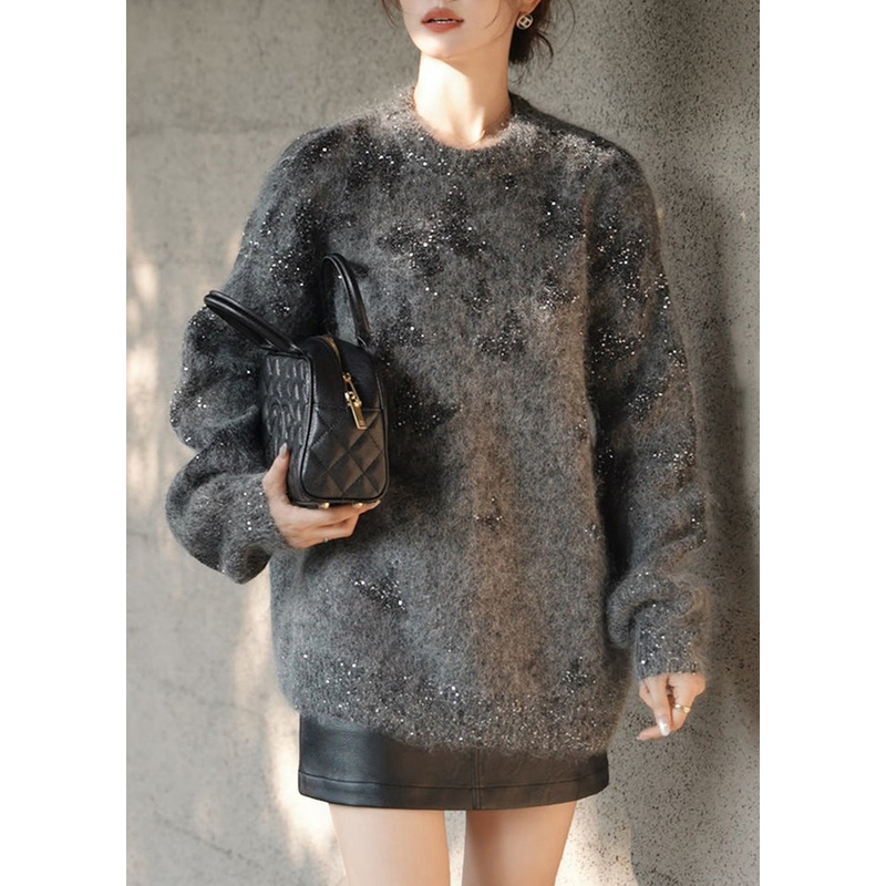 Stylish Grey O Neck Sequins Knit Pullover Spring