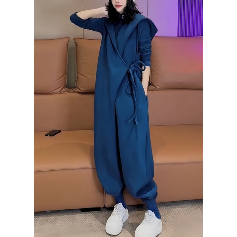 Unique Blue Hooded Lace Up Warm Fleece Jumpsuit Spring