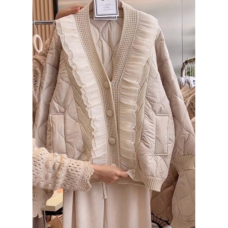Women Beige V Neck Ruffled Patchwork Fine Cotton Filled Jacket Spring