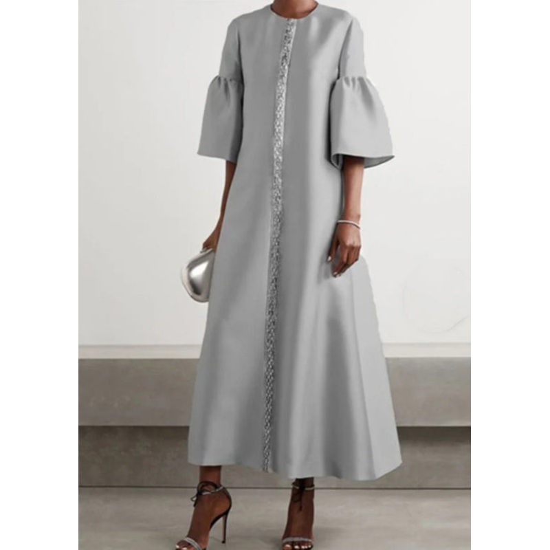 Women Grey O Neck Patchwork Cotton Long Dress Summer