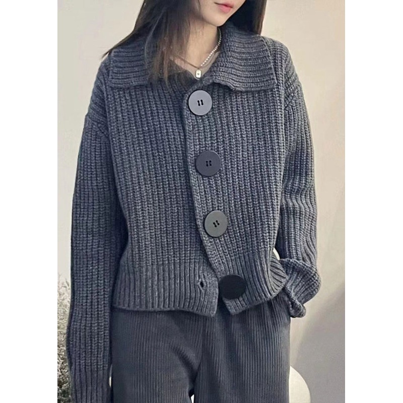 Women Grey Peter Pan Collar Button Knit Cardigan Spring