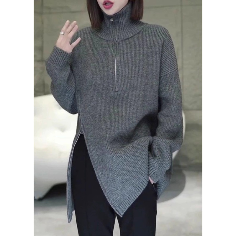 Women Grey Zip Up Asymmetrical Loose Knit Sweaters Spring
