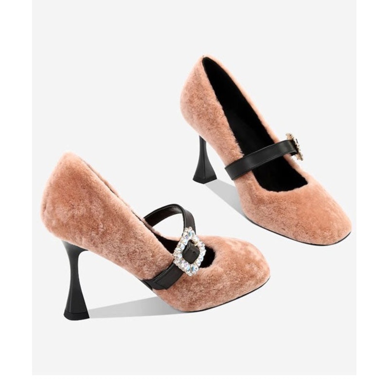 Women Splicing Stiletto High Heels Pink Faux Fur