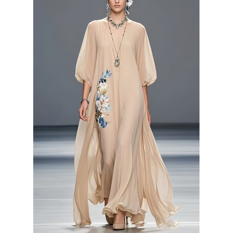 Art Khaki Oversized Floral Chiffon Holiday Dress Summer