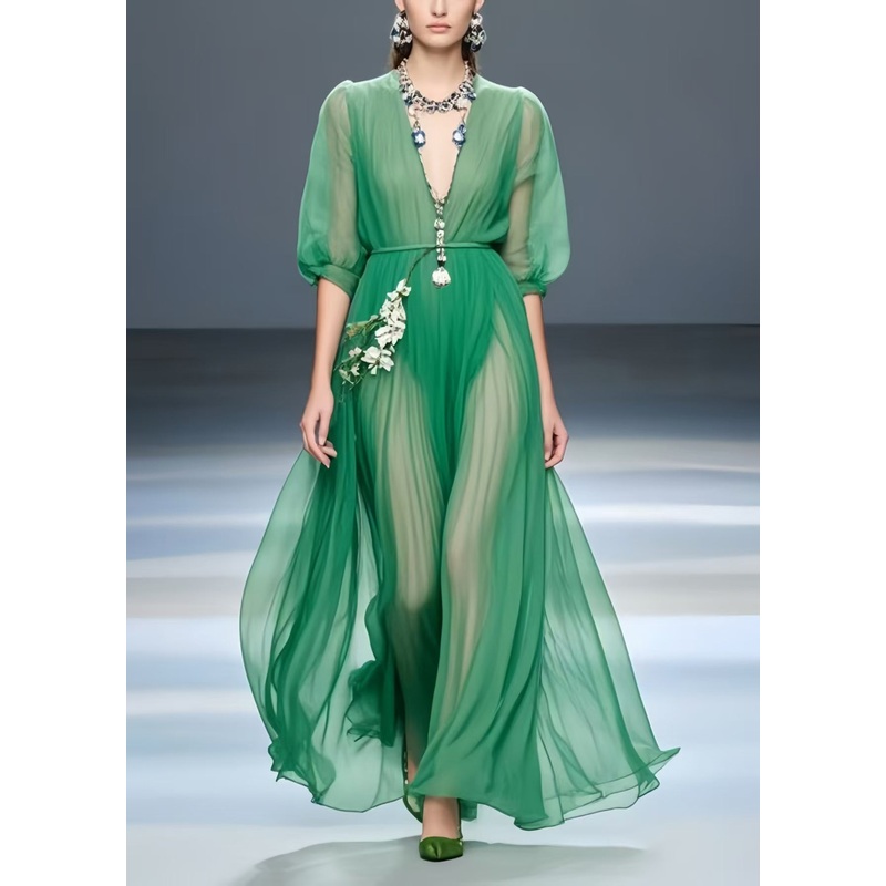 Art Tea Green Exra Large Hem Draping Chiffon Tunic Dress Summer