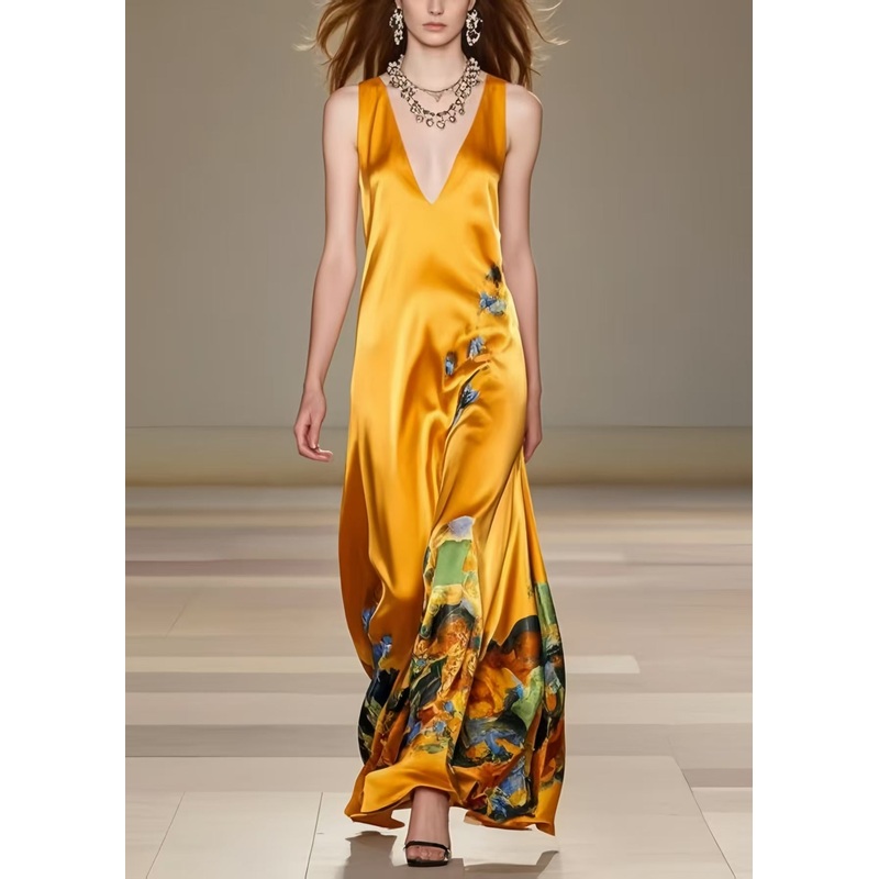 Art Yellow Print Draping Silk Cami Dress Summer