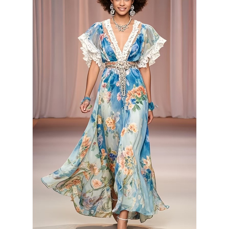 Beautiful Blue Cinched Floral Print Chiffon Maxi Dress Summer