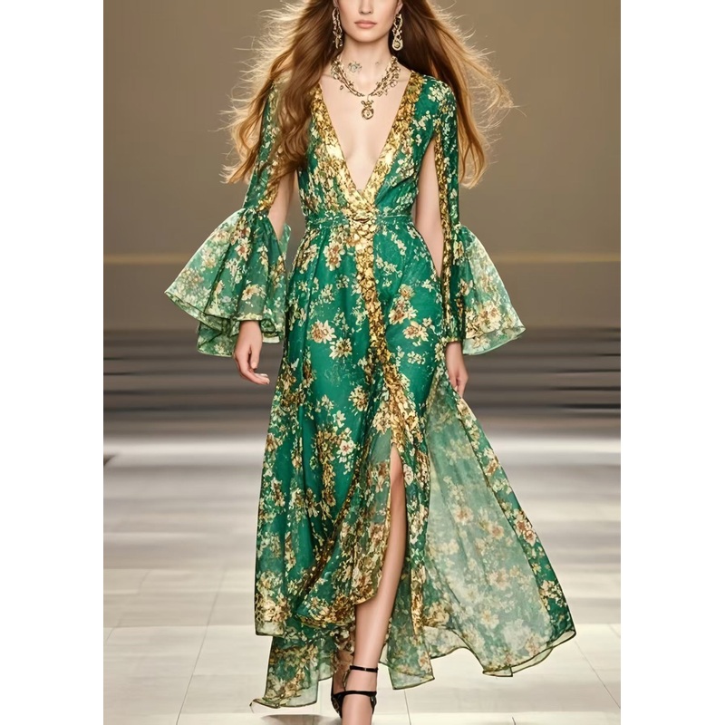 Beautiful Green Deep-V Neck Print Chiffon Party Dresses Flare Sleeve