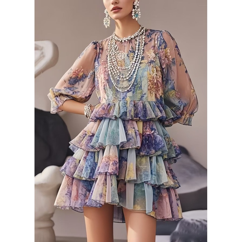 Beautiful Purple Ruffles Print Chiffon Party Dresses Summer
