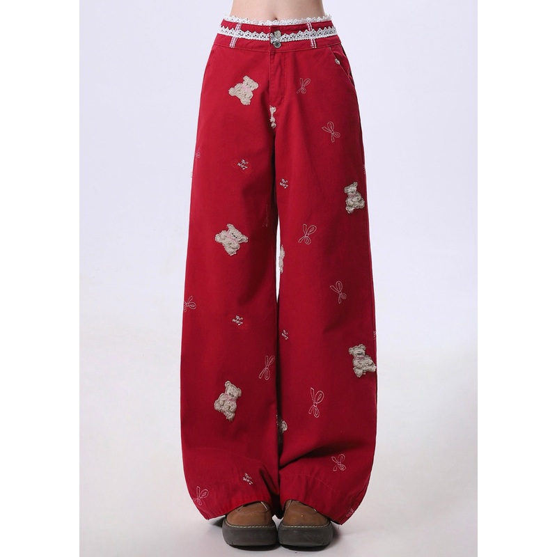 Beautiful Red Embroidered Patchwork Denim Pants Spring