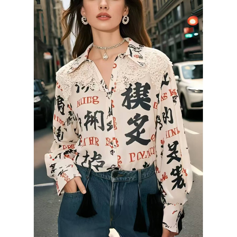 Bohemian Apricot Print Patchwork Lace Shirt Top Spring