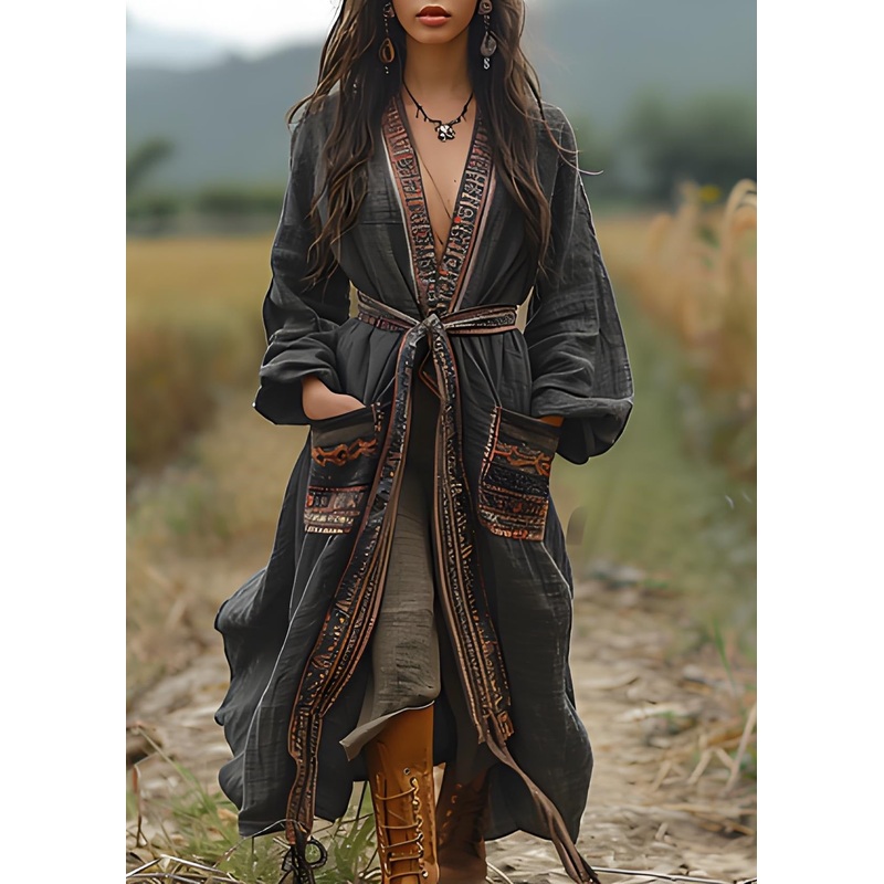 Bohemian Black Print Pockets Cotton Loose Cardigans Spring