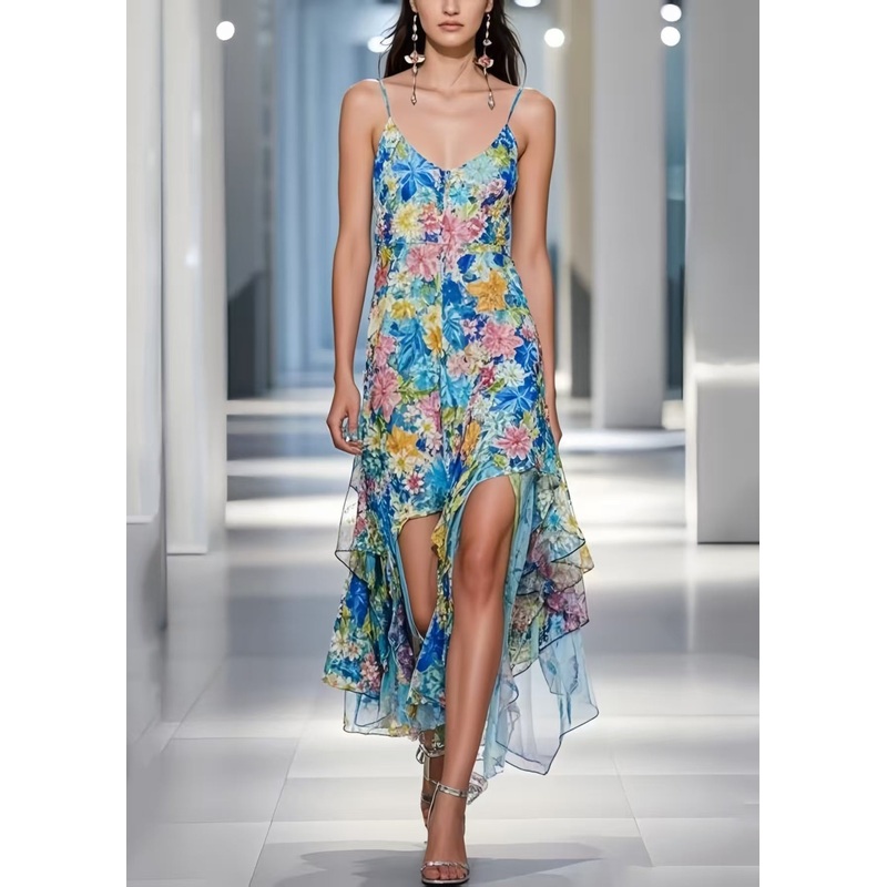 Bohemian Blue Asymmetrical Floral Print Cami Dress Summer