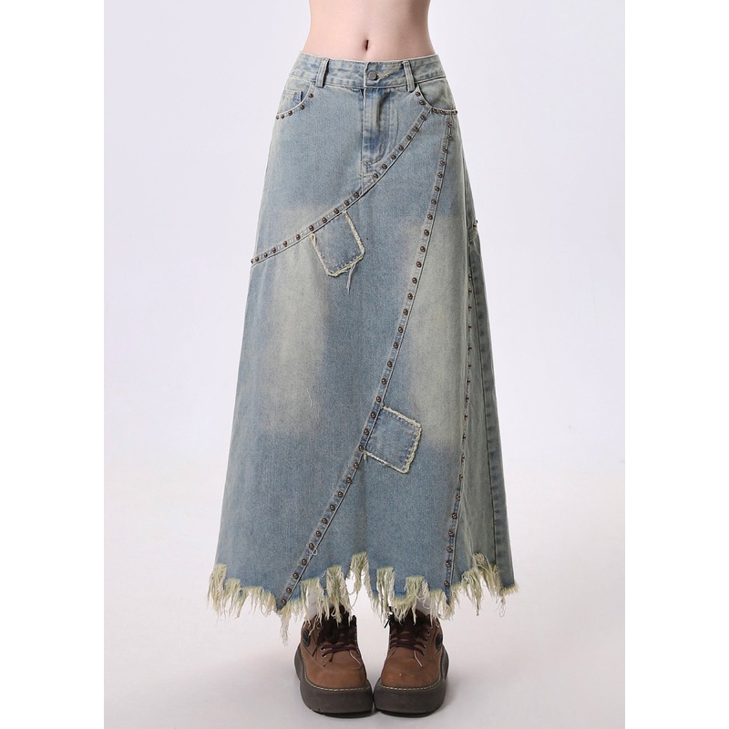Bohemian Blue Tasseled Patchwork Rivet Denim A Line Skirt Spring