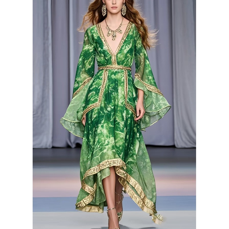 Bohemian Grass Green Asymmetrical Design Chiffon Holiday Dress Flare Sleeve