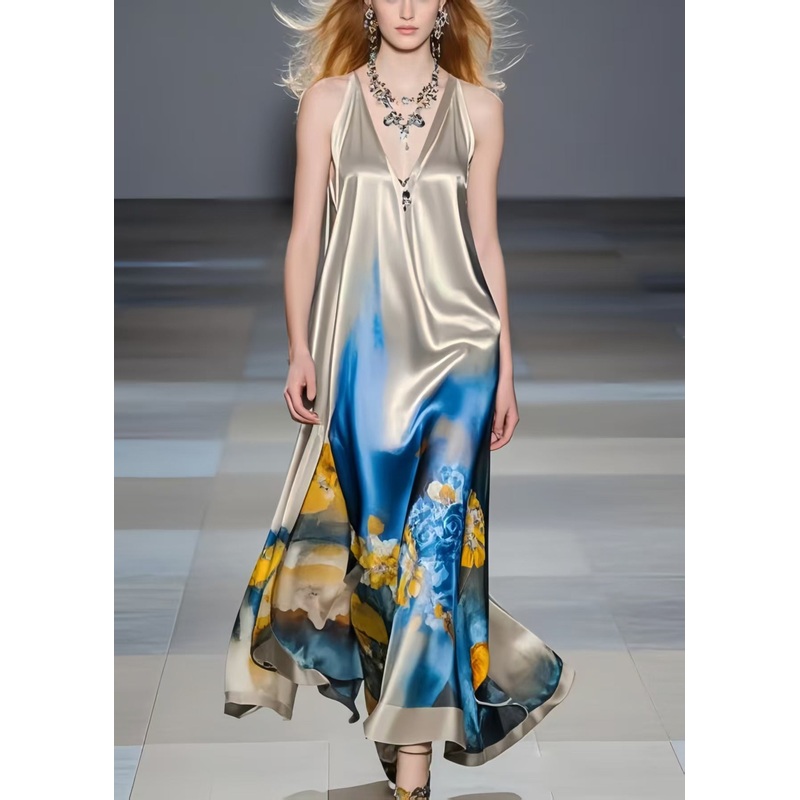 Bohemian Grey Print Draping Silk Mini Dress Summer
