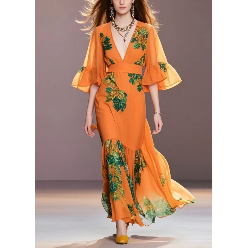 Boutique Orange Print Chiffon Robe Dresses Flare Sleeve