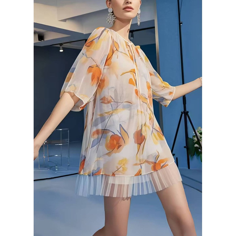 Casual Apricot Print Patchwork Chiffon Mini Dress Summer