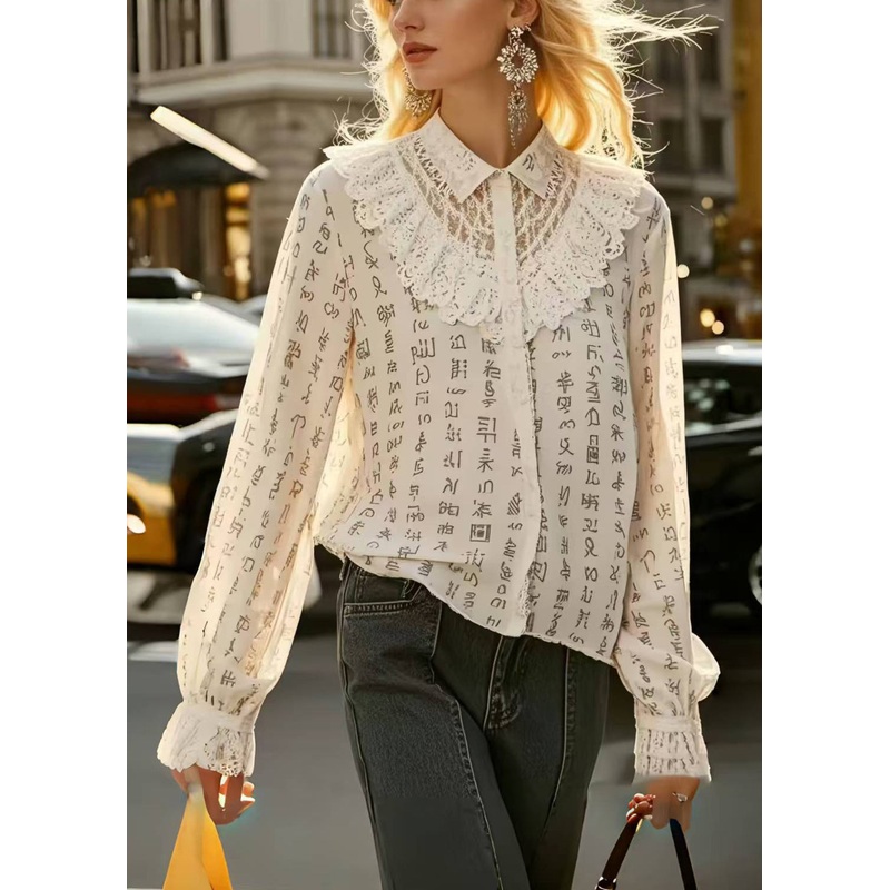 Casual Beige Print Patchwork Lace Hollow Out Shirts Spring