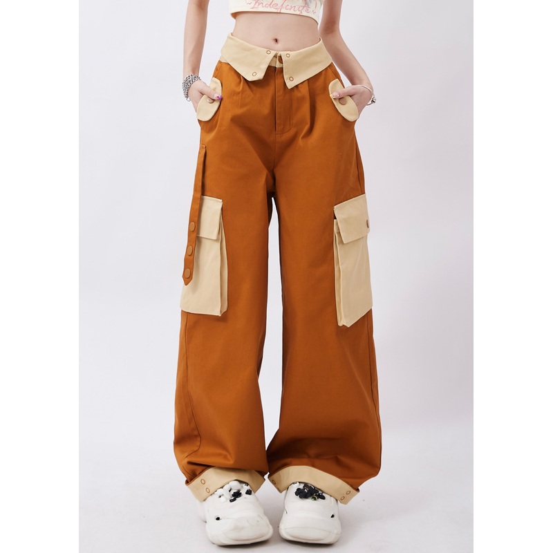 Casual Brown Patchwork Pockets Cotton Pants Trousers Spring