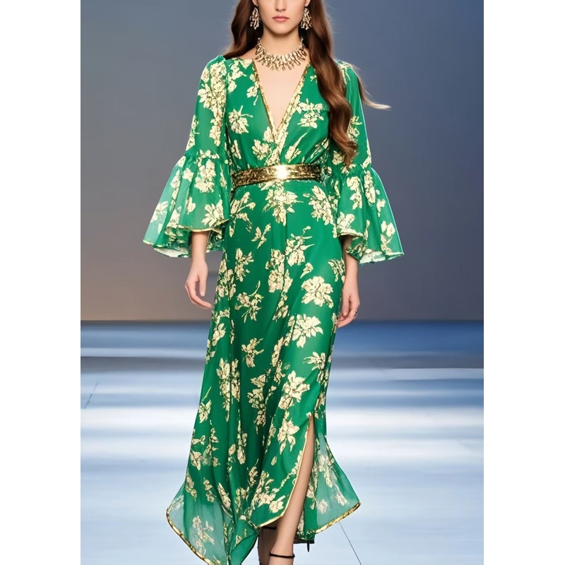Casual Green Print Chiffon Tunic Dress Flare Sleeve