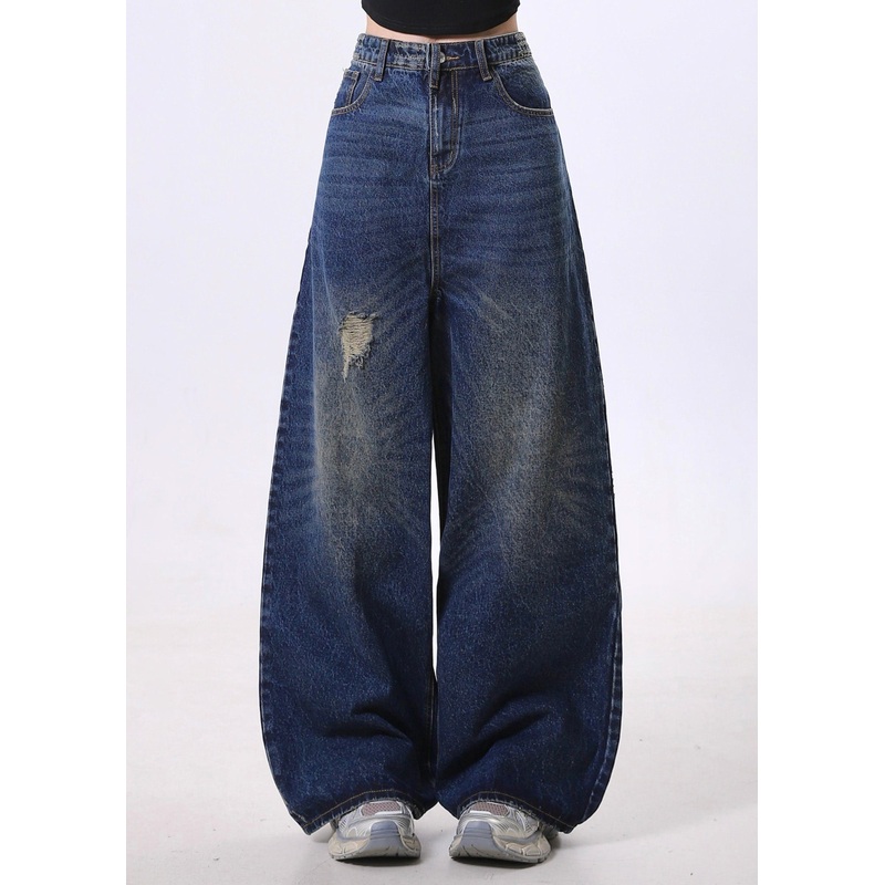 Casual Navy Oversized Denim Ripped Jeans Pants Spring
