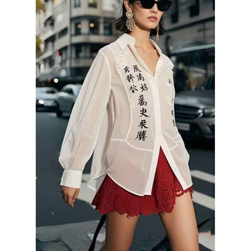Casual White Patchwork Draping Chiffon Shirt Tops Spring