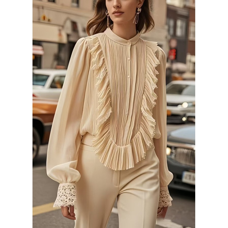 Chic Apricot Patchwork Wrinkled Chiffon Formal Shirt Spring
