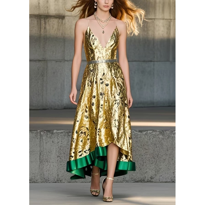 Chic Golden Jacquard Exra Large Hem Cami Dresses Summer