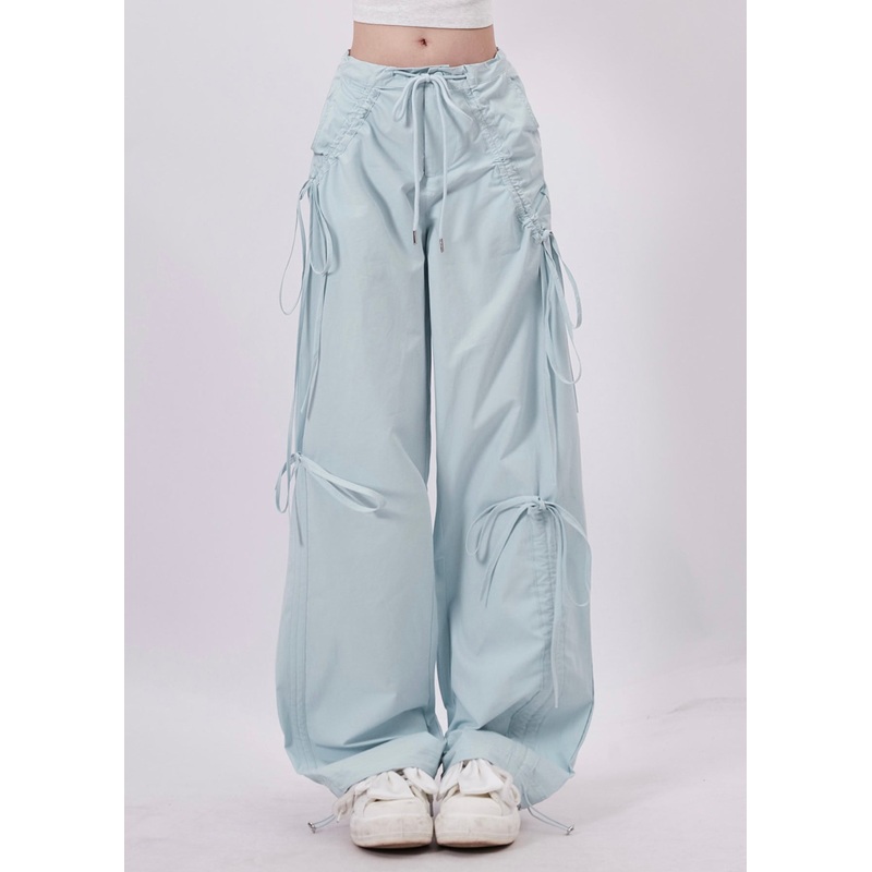 Chic Light Blue Tie Waist Bow Cotton Pants Spring