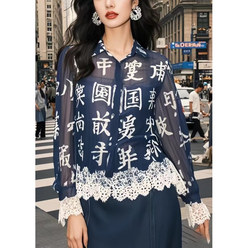 Chic Navy Chinese Character Patchwork Lace Chiffon Blouse Top Spring