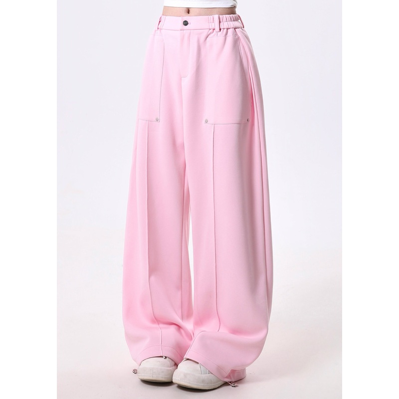 Chic Pink Elastic Waist Cotton Straight Pants Spring